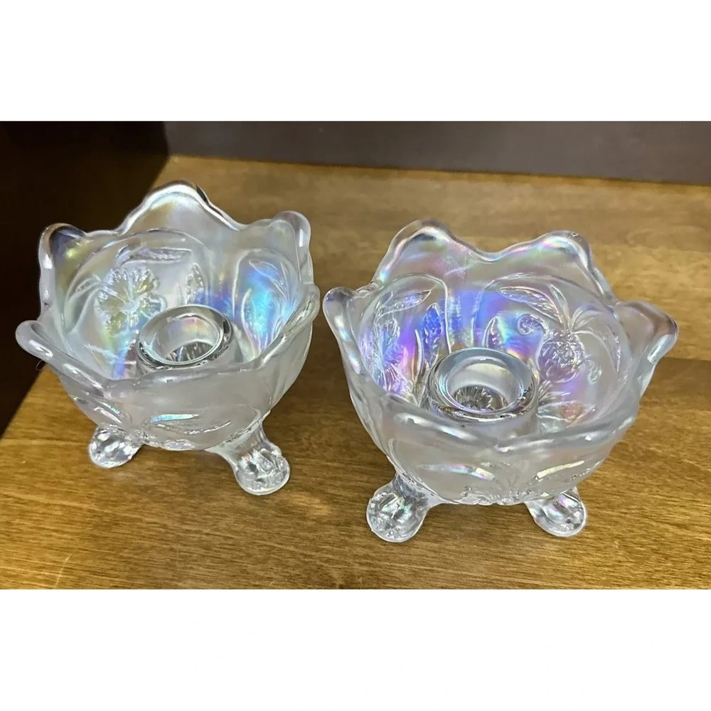 Pair Imperial Glass White Carnival Everglade 3 Footed Candleholders 3